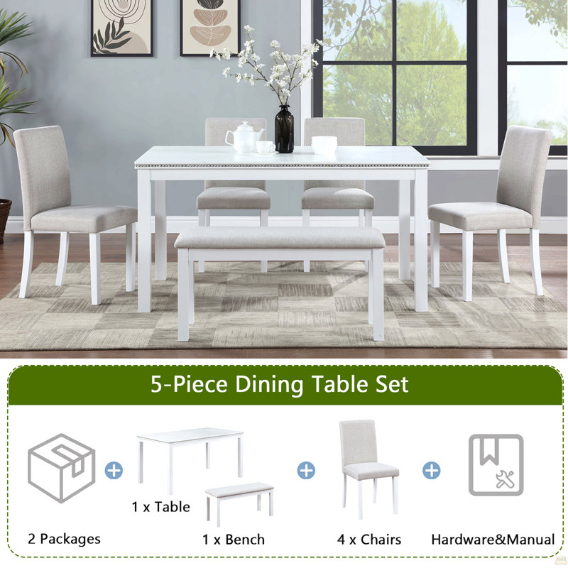 Ensemble de table de salle à manger en bois 6 pièces, table de salle à manger en bois avec 4 chaises rembourrées et banc pour 6 personnes, ensemble de table de salle à manger rectangulaire avec décoration en cristal pour la cuisine, la salle à manger, blanc