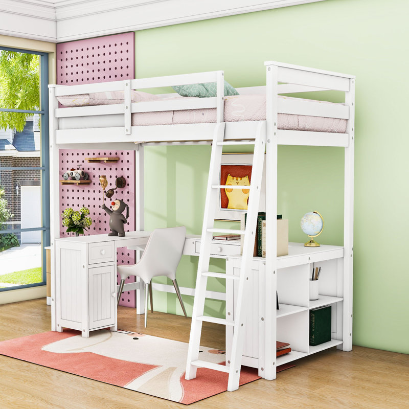 Karthika Wood Loft Bed With U-Shaped Desk, Drawers,Ladder And Storage Shelves, White, Twin