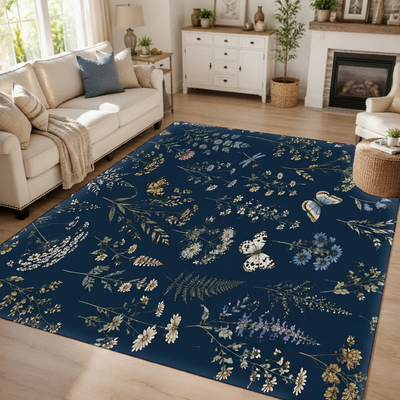 Tapis d'intérieur à motif de papillons botaniques (1 pièce) - Design vintage de fleurs sauvages, tapis mince lavable, envers antidérapant, idéal pour le salon, la chambre à coucher, la cuisine et le bureau.