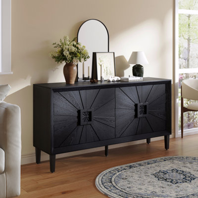 TV Stand, Rustic Farmhouse, 60", Adjustable Shelves, 60" Premium American Credenza In Elegant Black - Symmetrical Sunburst Door Design, Heavy-Duty With