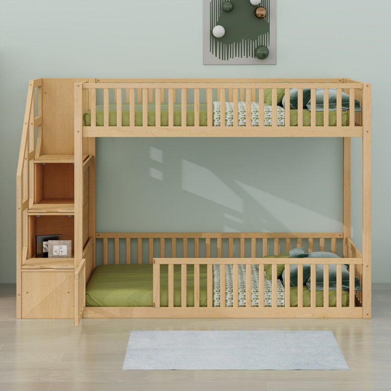 Bunk Bed On Floor With Stairs Storage, Natural