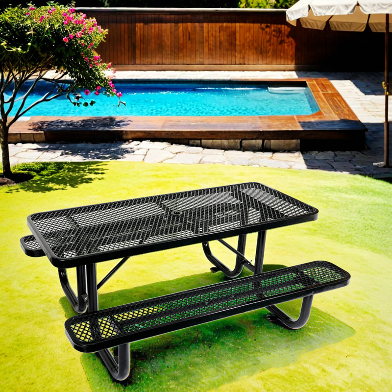 Table de pique-nique rectangulaire d'extérieur avec trou pour parasol, Blue