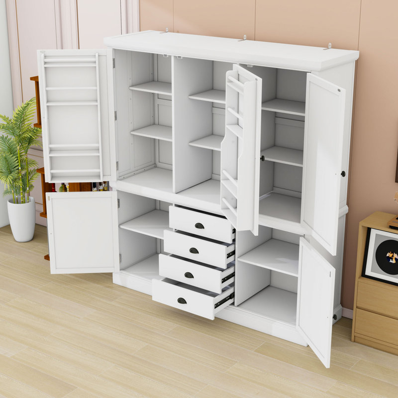 Garde-manger autoportant 73 po avec 4 tiroirs, 8 tablettes réglables et 5 portes, Blanc