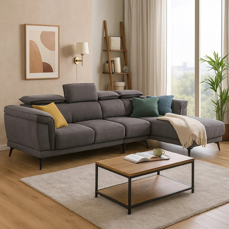 Panie Sectional Sofa, Adjustable Headrests, Right Chaise, Gray Fabric, 99 Inch, Dark Gray Fabric