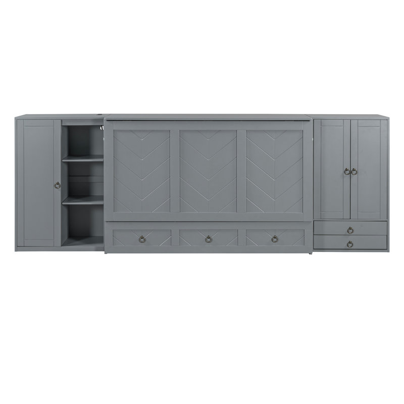 Grand lit escamotable avec port USB, petites armoires et tiroirs, Gris