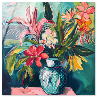 Vase of Tropical Flowers High-Gloss Frameless Acrylic Glass Wall Art Floral by Art Remedy, Ready to Hang, 20 x 20