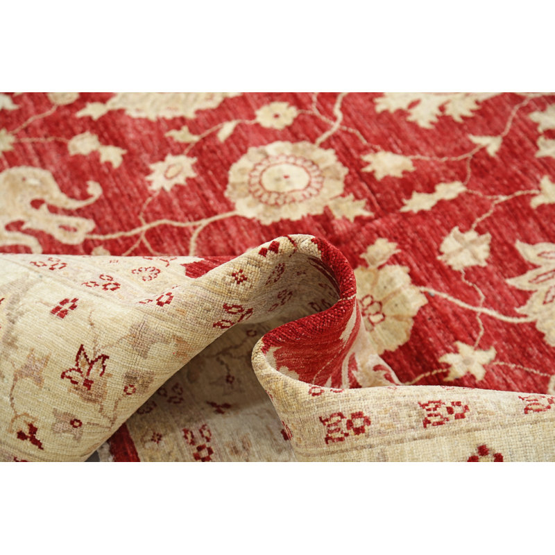 Tapis turc en laine noué à la main 8 x 10,3 pi avec fond rouge et bordure ivoire