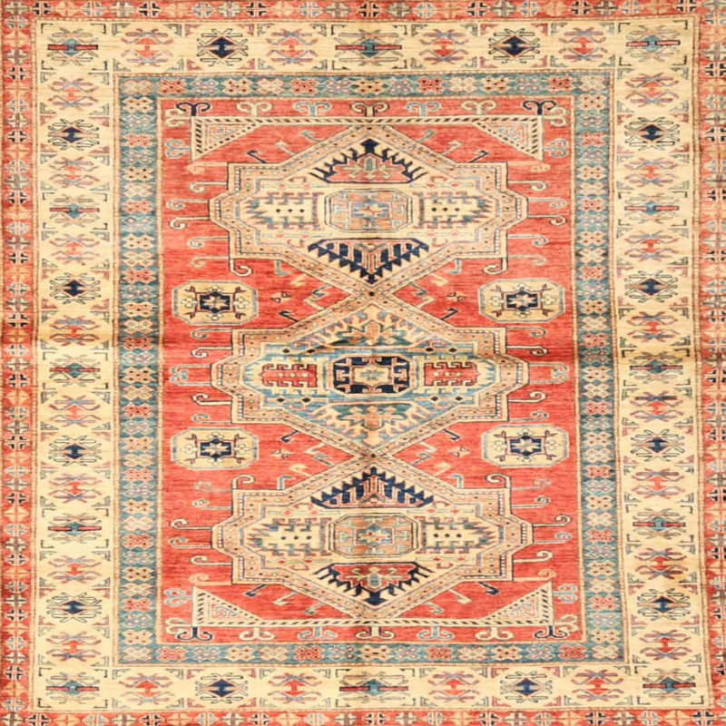 Tapis oriental rouge / beige / bleu, Carré 7 pi