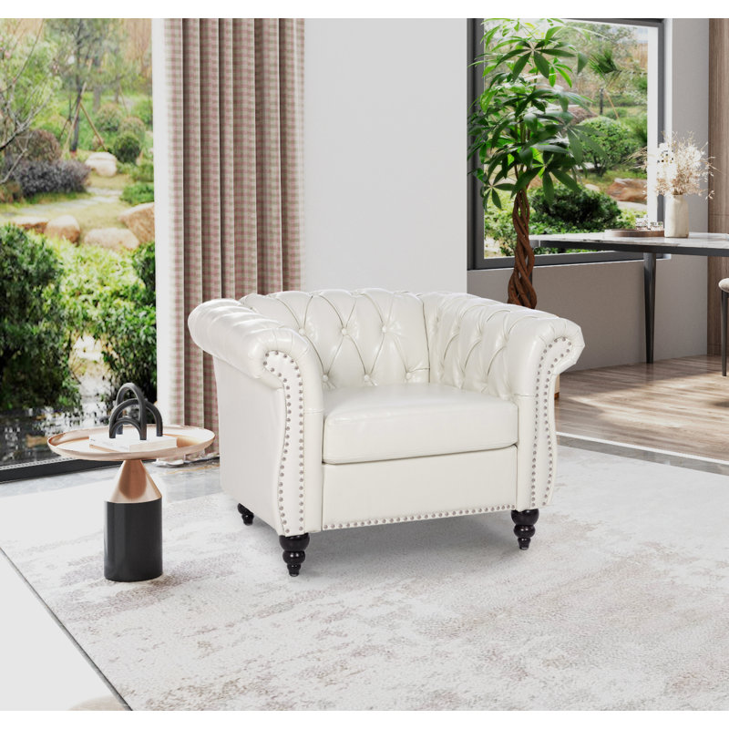 Fauteuil Chesterfield l 39 po Fairport, Similicuir blanc