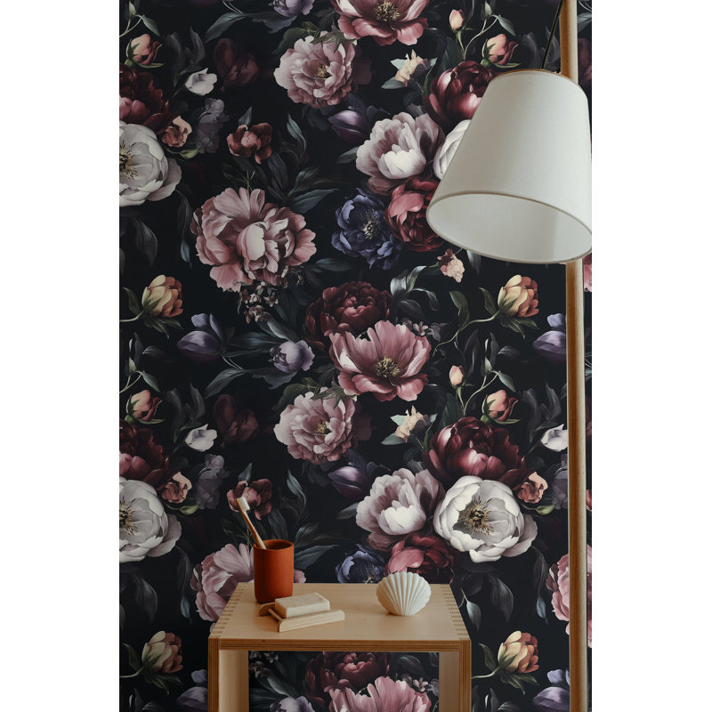 Papier peint floral à motif de pivoines foncées