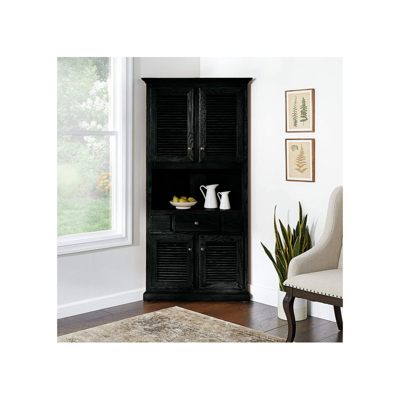 Classic Oak Corner Dining Hutch with shutter doors, Black