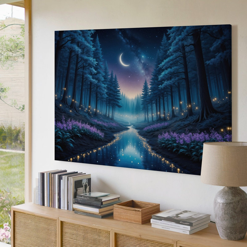 Toile dans une forêt de crépuscule enchanteresse arborant des arbres avec des troncs rugueux sombres et un feuillage éthéré bleu chatoyant