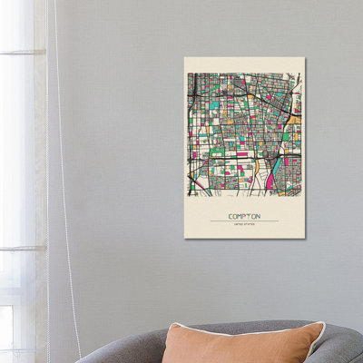 Compton, California Map by Ayse Deniz Akerman - Wrapped Canvas Gallery-Wrapped Canvas Giclée