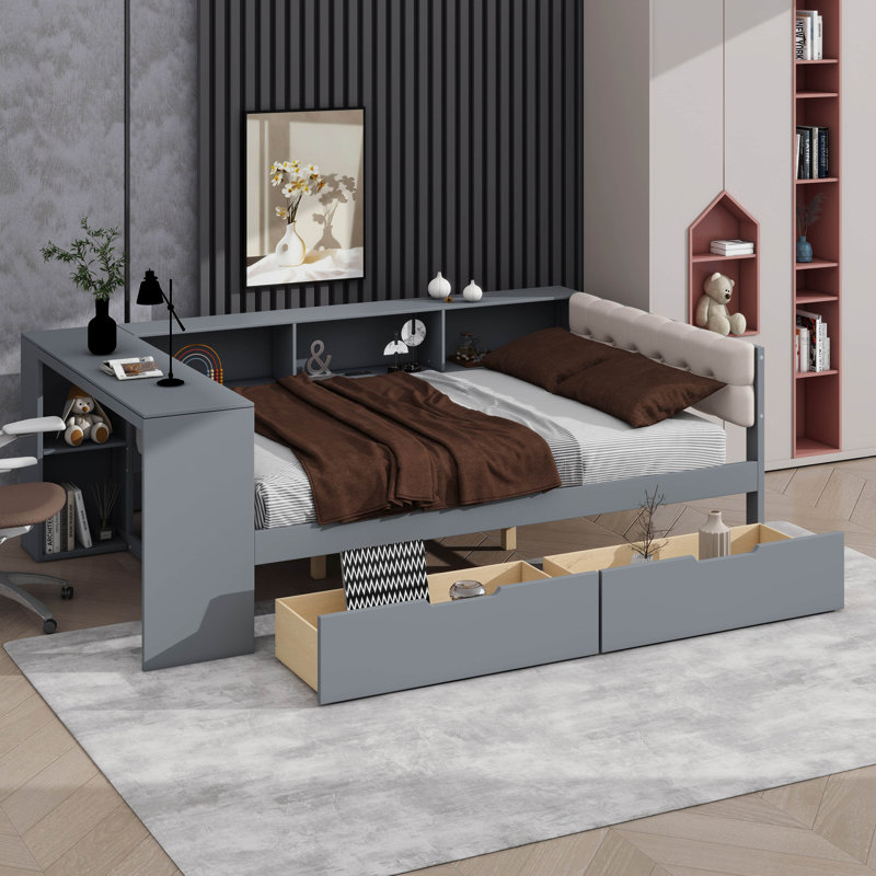 Lit plateforme avec tablettes, tiroirs, port de charge et tête de lit tapissier, Double , Gris