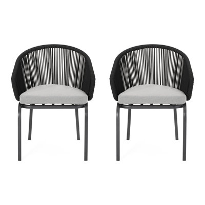 Outdoor Chair Of 2 - Contemporary Rope Weave, Metal Construction, Water- Seating Club Weave Detail, Cushions, 25.64"W X 26.19"D 31.62"H, Black