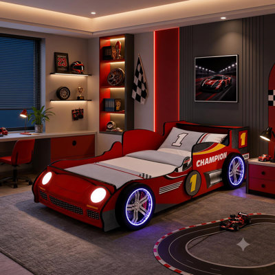Annjeanette Twin Race Car Bed with LED Lights, Wooden Kids Bed with Headboard and Safety Guardrails, Toddler Car Frame Bed for Boys, RED