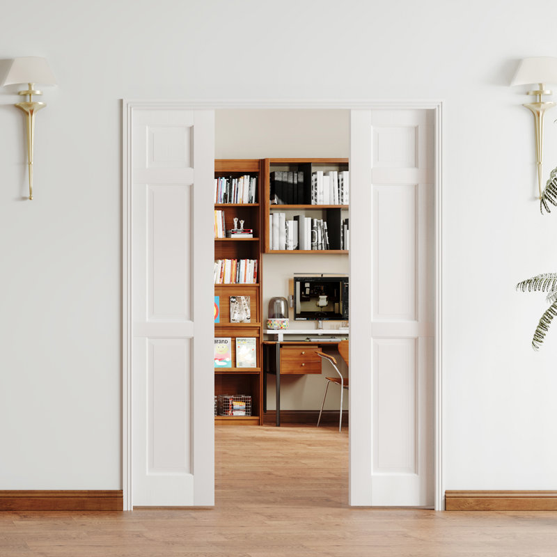 Porte coulissante à fermeture à glissière avec fermeture en douceur - 6 panneaux avec placage en bois Blanc creux et intérieur en panneau de fibres à densité moyenne et porte de garde-manger avec cadre de poche