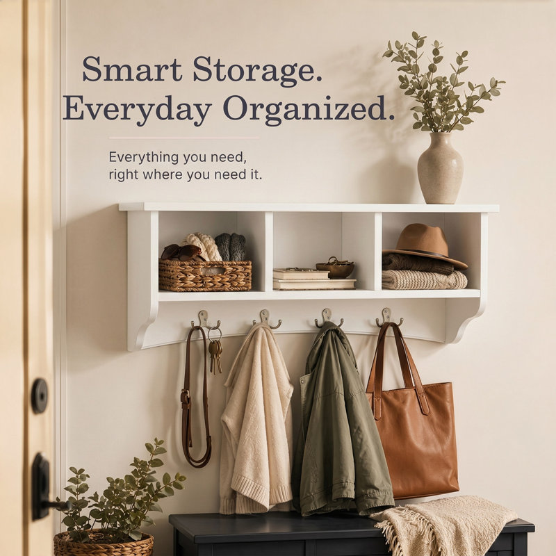 Shaker Cottage Wall-Mounted Coat Rack with Cubbies and Hooks, Ivory