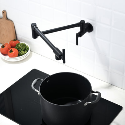 Wall Mounted Pot Filler - Kitchen Faucet, Brass, Black, 360 Rotation Double Joint Swing Arms Mount Faucet Blackened Brass With