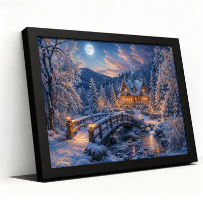 Cabane d'hiver avec fenêtres illuminées et pont en bois - Toile murale d'Halloween