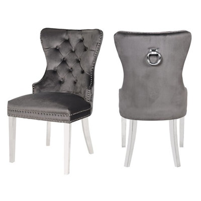 Back Accent Chair In Dark Gray Velvet And Stainless Steel - Luxury Look With Base
