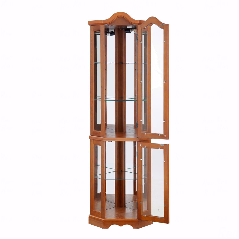 Armoire d'angle, porte en verre et chêne, avec portes et tablettes en verre trempé - rangement élégant, Brun