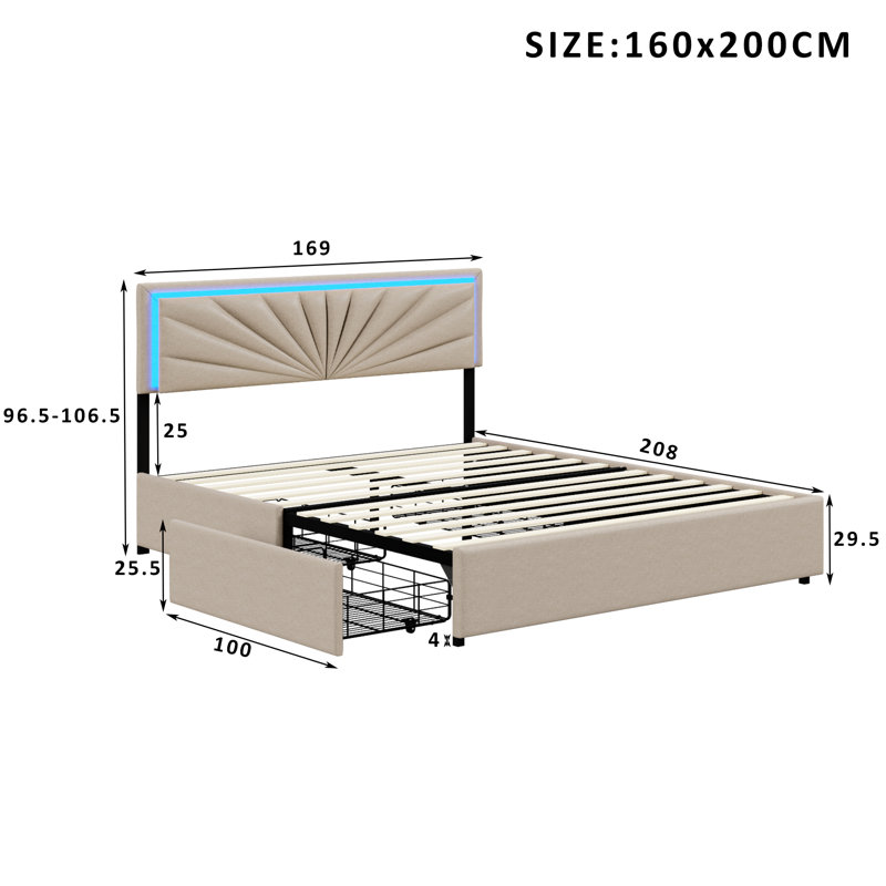 Upholstered Storage Bed with 4 Drawers, European Kingsize (160 x 200 cm)