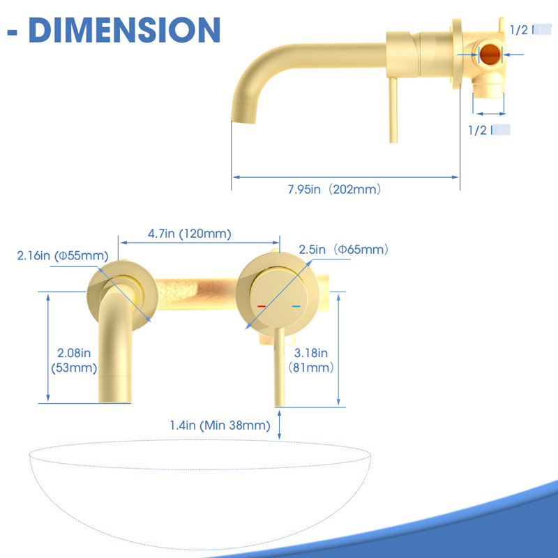 Bathroom Wall Mounted Faucet, Brushed Gold, 2 Holes, Zinc Handle, Long-Lasting Quality Gold Mount Tap, Use, Single Lever 7.95-Inch Reach, Flexible Design