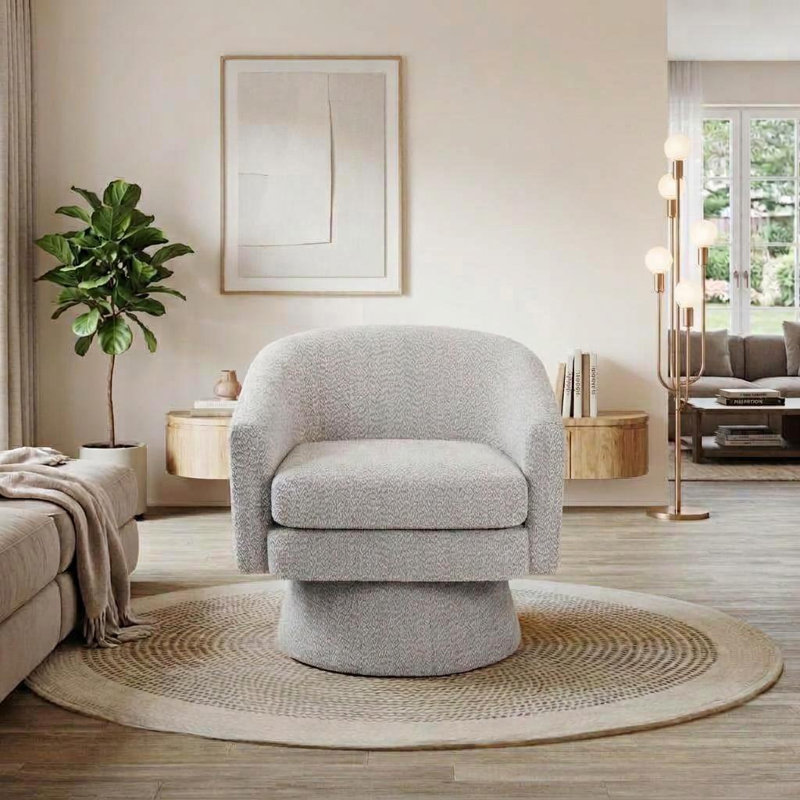 Fauteuil pivotant de style tonneau, fauteuil en chenille avec structure en bois massif, canapé une place pour salon, chambre à coucher, bureau, gris pâle