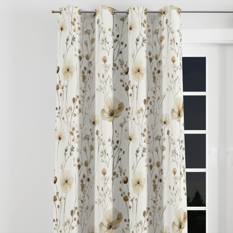 Country Farmhouse Curtains - Floral Cream Wildflowers Grommet Curtain - 1 Panel, Gold Grommets, 52" W x 63" L