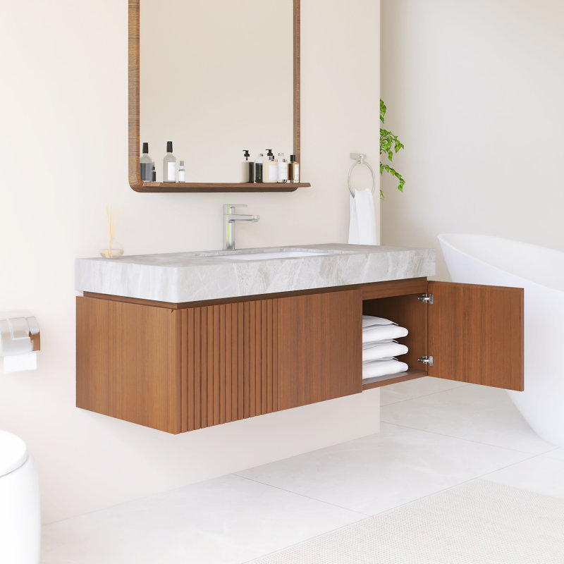 Meuble-lavabo mural simple avec comptoir en pierre frittée gris clair