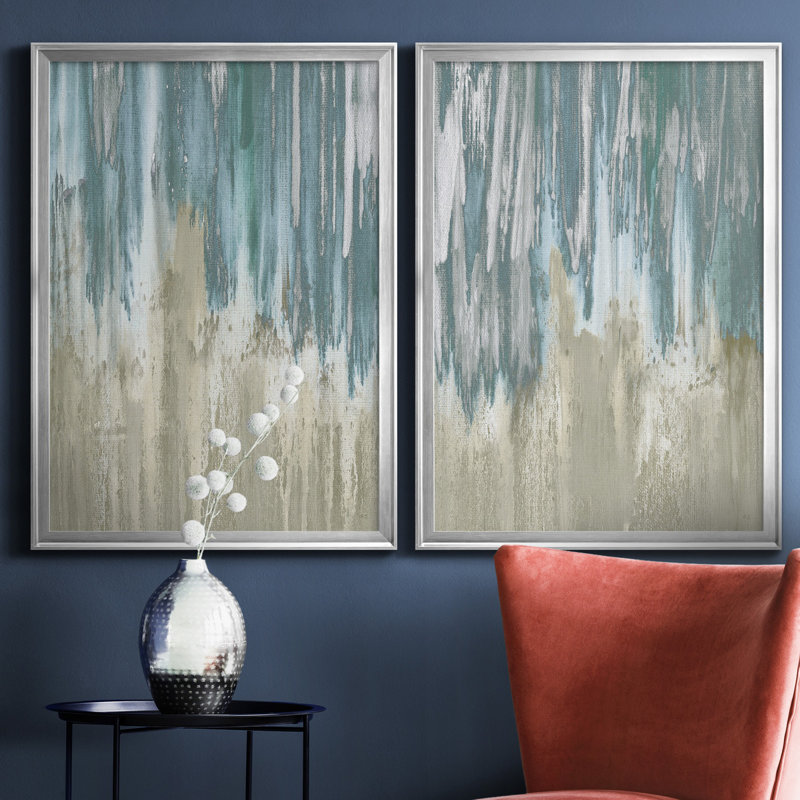 «Like a Waterfall I», ensemble de 2 reproductions, Pas de tapis, H 18,5 po x l 49 po x P 1,5 po, Toile encadrée argentée