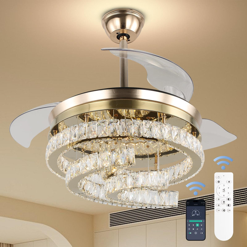 42'' Dimmable Ceiling Fan With Light And Remote Crystal Modern Chandelier Fan Retractable Fandelier With Memory, Silent Motor, 6 Speed, 3 Colour Change, Timer Function(Gold)