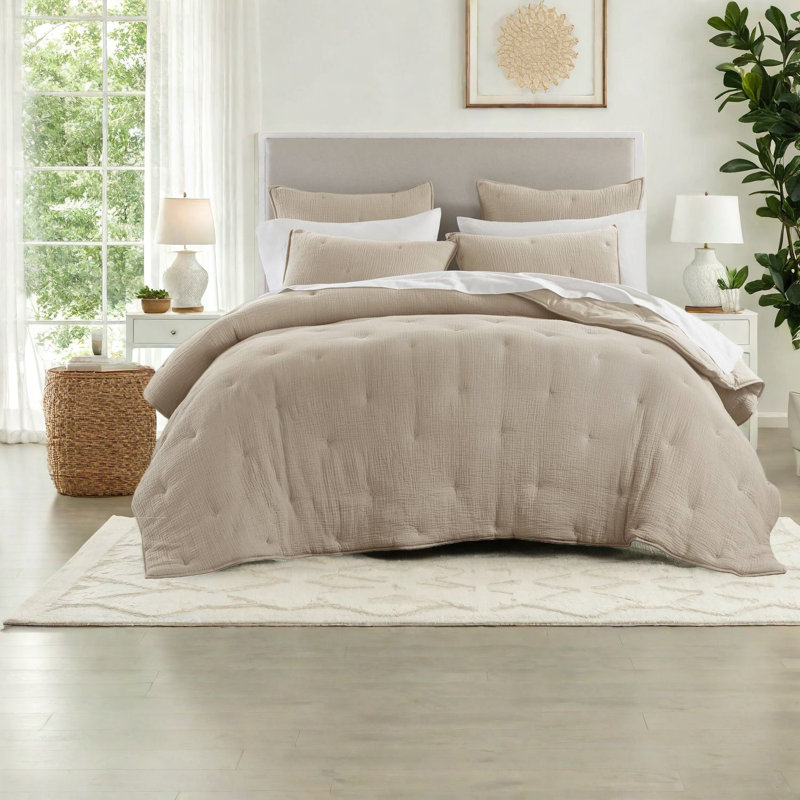 De literie en coton pour lit double / grand lit, courtepointe brodée taupe, toutes saisons