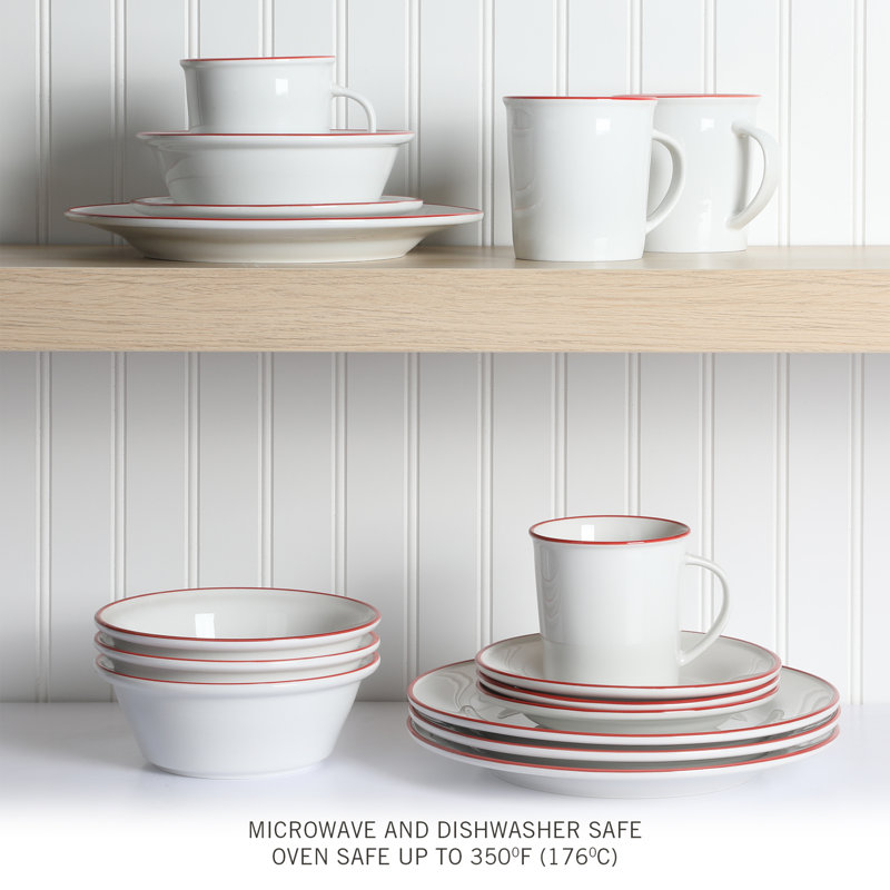 Martha Stewart Cliffield Ceramic Dinnerware Set - Service for 4, White/Red