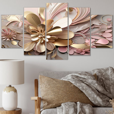 Liquid Art Gold And Pink Floral Effervescence - Abstract Canvas Art Print - 5 Panels