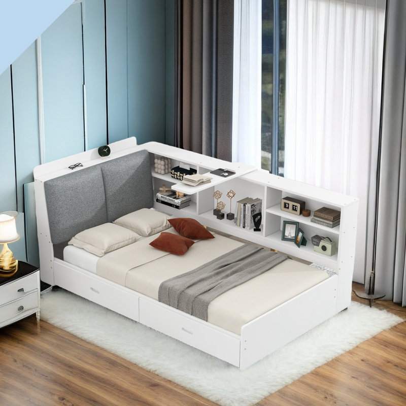 Lordina Bed with Upholstered Storage Headboard, Side Shelves and A Rotating Board, White