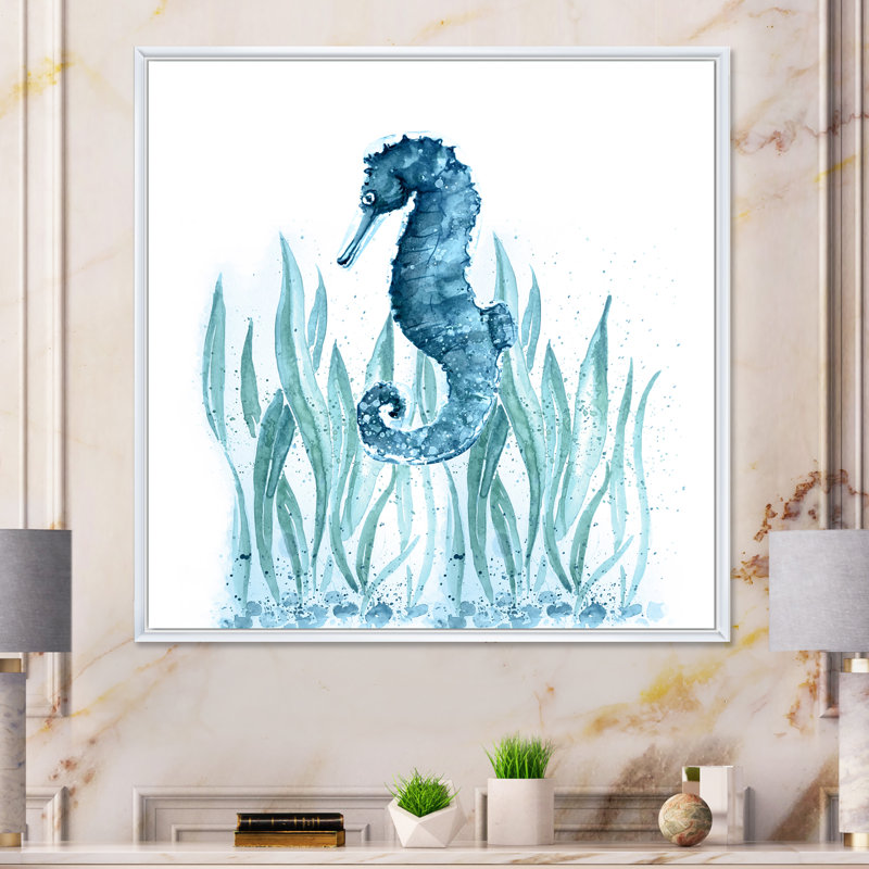 Blue Art Seahorse - on, H 30 po x l 30 po x P 1 po, Toile avec cadre flottant blanc