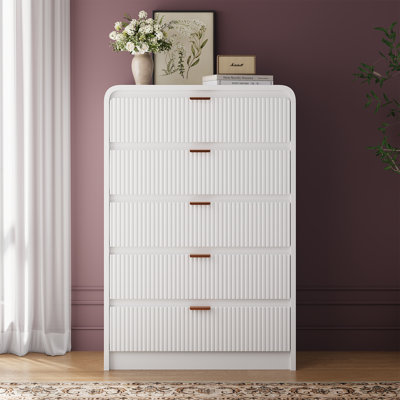 Fluted 5 Drawers Dresser for Bedroom, 48" Tall Wooden Modern Dresser with Metal Handle, Curved Profile Design, Storage Organizer for Living Room, Hall by Ebern Designs