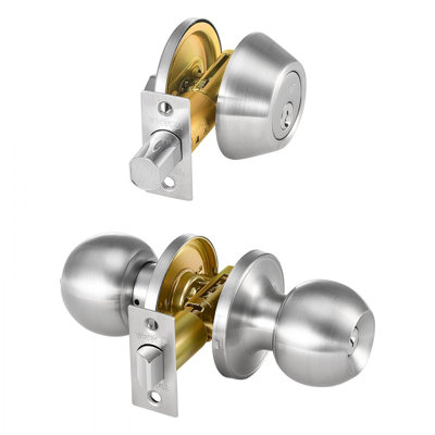 Ensemble de poignée de porte d'entrée et de pêne dormant à cylindre simple en nickel satiné