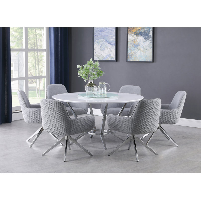 Kamiyha Round Dining Table with Lazy Susan in White and Silver