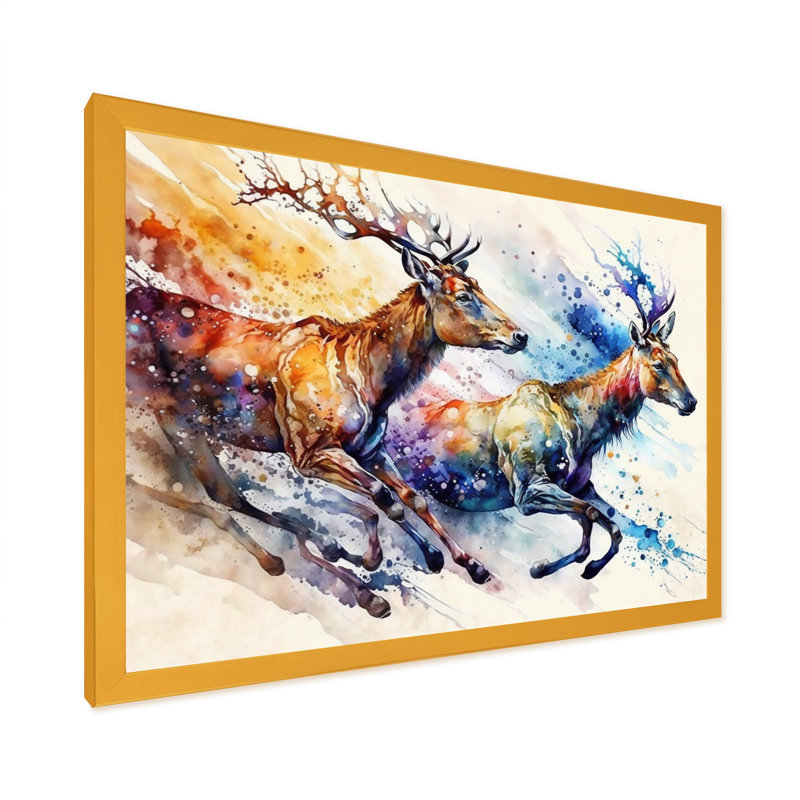 Chevreuil qui court - reproduction sur toile, L 20 po x H 12 po, Impression dorée sur toile encadrée