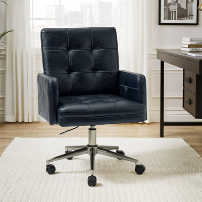 Auric Mid-Century Modern Leather Height-Adjustable Swivel Office Chair with Button Tufted Design by Kelly Clarkson Home