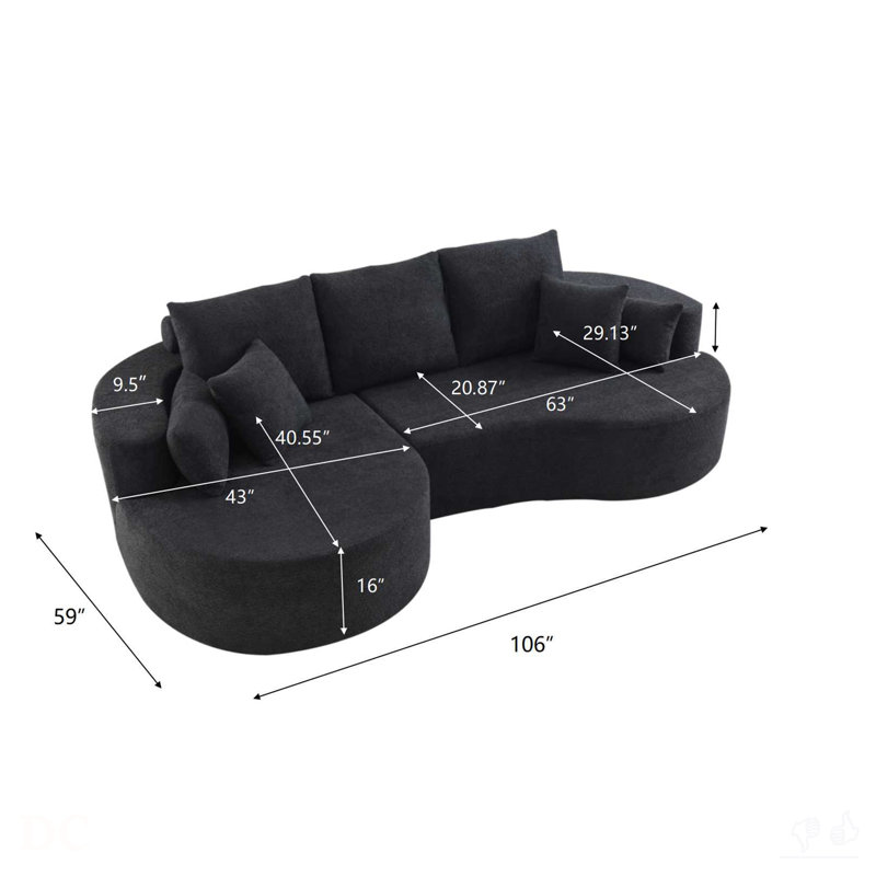 Canapé modulaire courbé en tissu 106 pièces 2 pièces 106 po, CHAISE Lounge, Black Fabric, Black