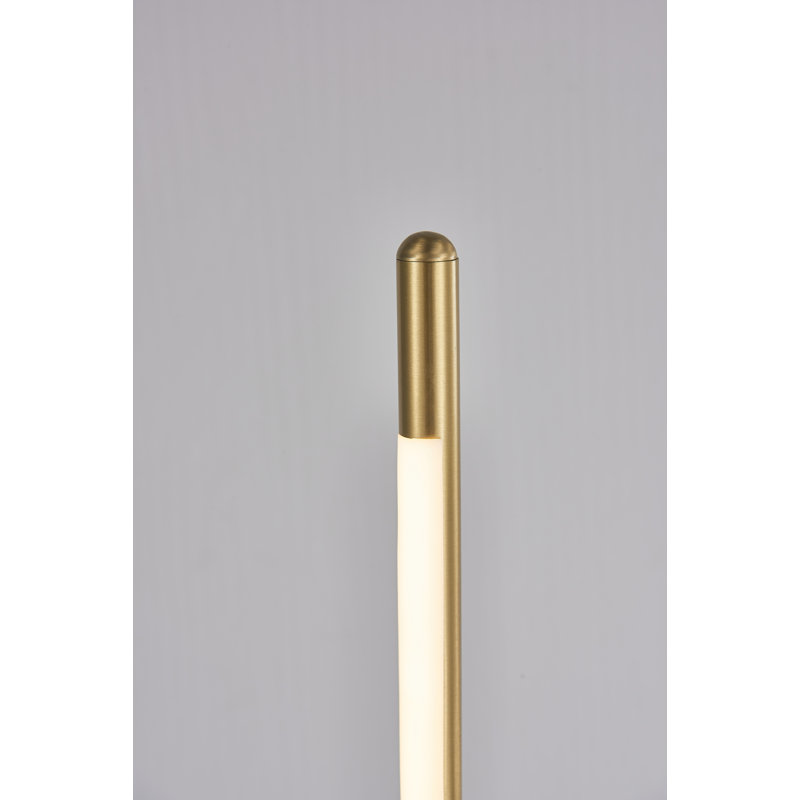 This LED Floor Lamp Is In A Brass And Black Finish. The Frame Is Made Out Of Stainless Steel, And The LED Bulb Is Integrated Into The Frame. It Also Comes With A Black Marble Base And Silicone Diffuser. It Is Great For Chair Side Reading Or General Illumi
