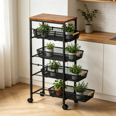5-Tier Slim Rolling Storage Cart With Pull-Out Baskets And Wooden Top, Narrow Space Utility Organizer Cart For Kitchen, Bathroom, And Laundry Room