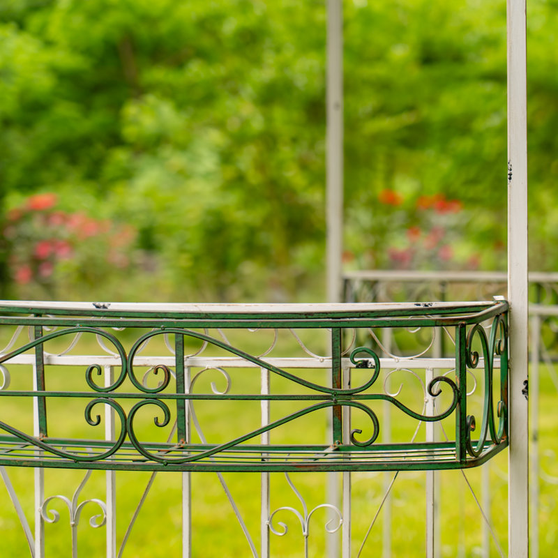 11.25ft. Tall Round Iron Gazebo with Four Side Walls & Flowers Baskets Seville, Antique White, Cobalt Blue
