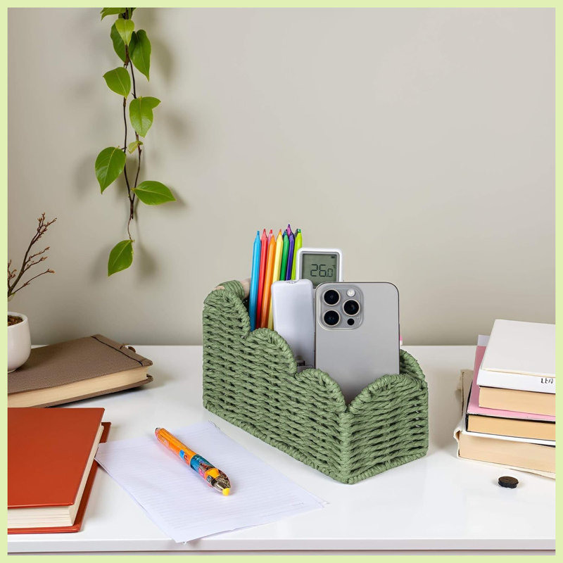 Porte-télécommande festonné, organisateur de bureau de style ferme pour stylos et pinceaux de maquillage, vert