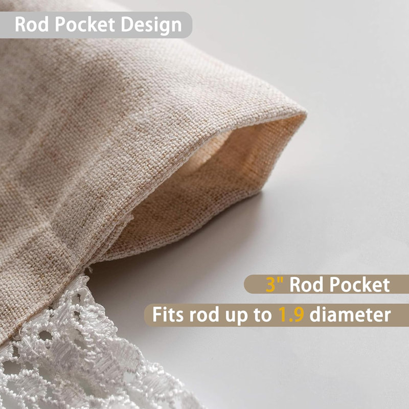 Ava a Lace and Crochet Trim Rustic Slub Textured Linen Curtains for Bedroom Living Room Rod Pocket 2 Panels, 52" W x 96" L