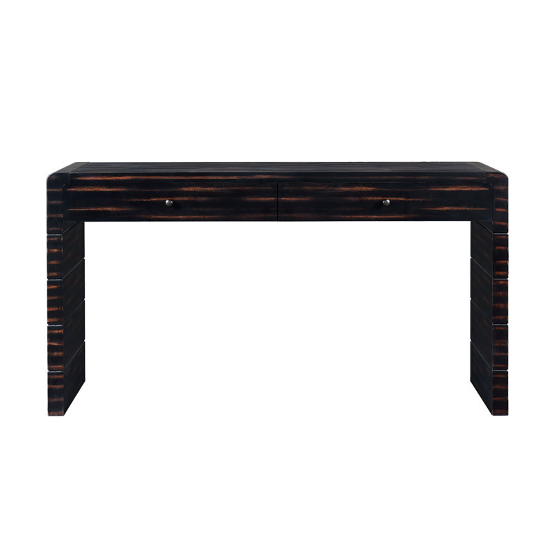 Console courbée avec rangement, table d'entrée en bois avec 2 tiroirs, console rustique de style campagnard pour entrée, couloir, salon, noir vieilli